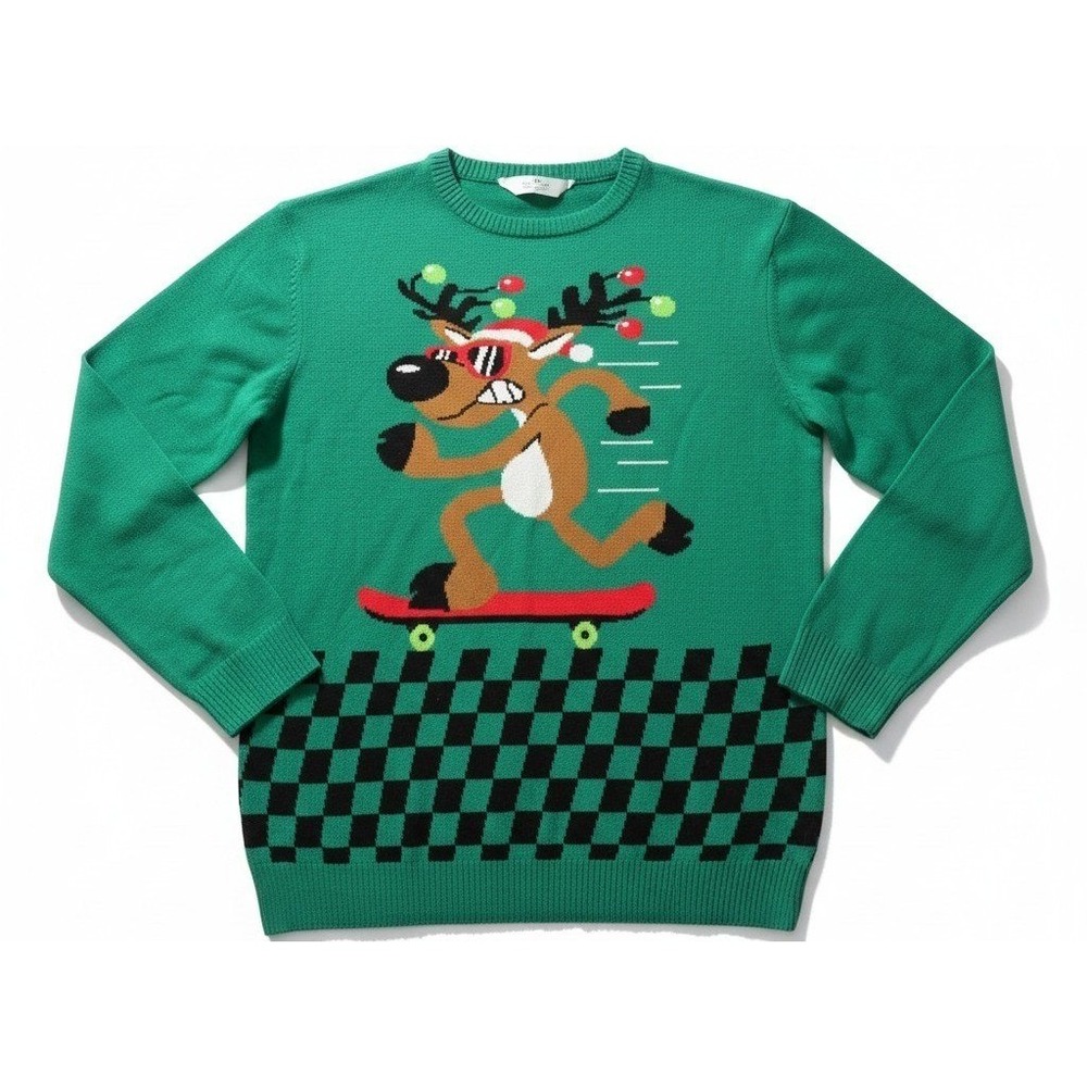 H&M Women's Reindeer Christmas Sweater Size XL Green Ugly Holiday Skateboard